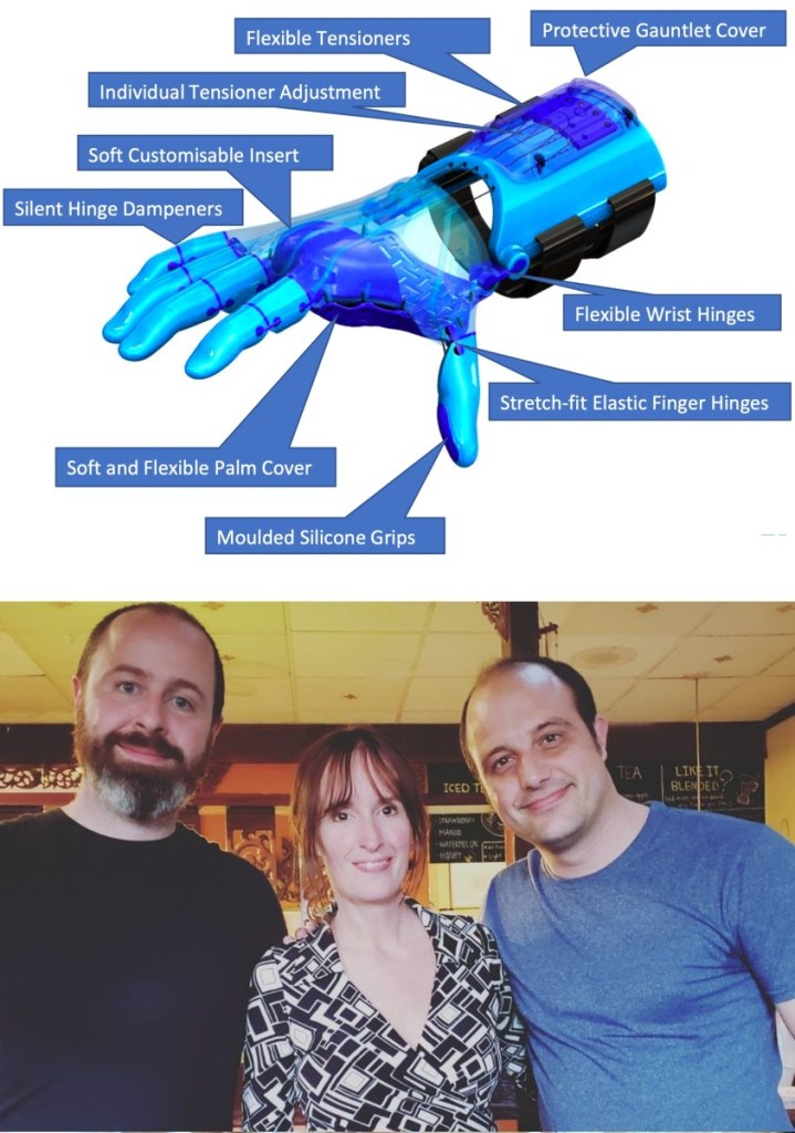"Top image: The current model includes more than a dozen novel features, like the flexible and resilient split hinges for the digits. Bottom Image: Mat meets Jen and Ivan Owen on his world tour to learn about open source hand design." 
