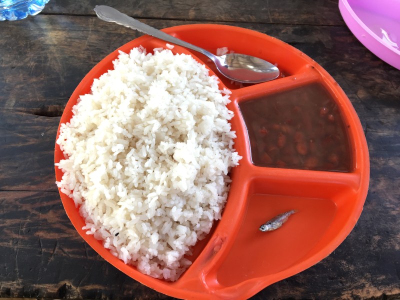 A typical lunch at Lake Victoria Disability Centre: rice, beans, and a very small fish