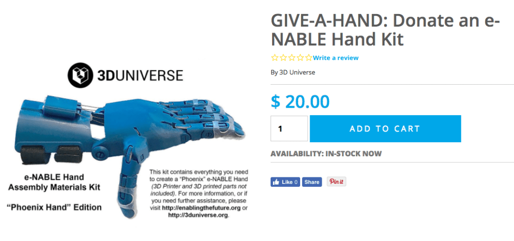 Donate an e-NABLE hand kit through 3D Universe