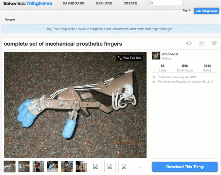 The first 3D printed e-NABLE hand design