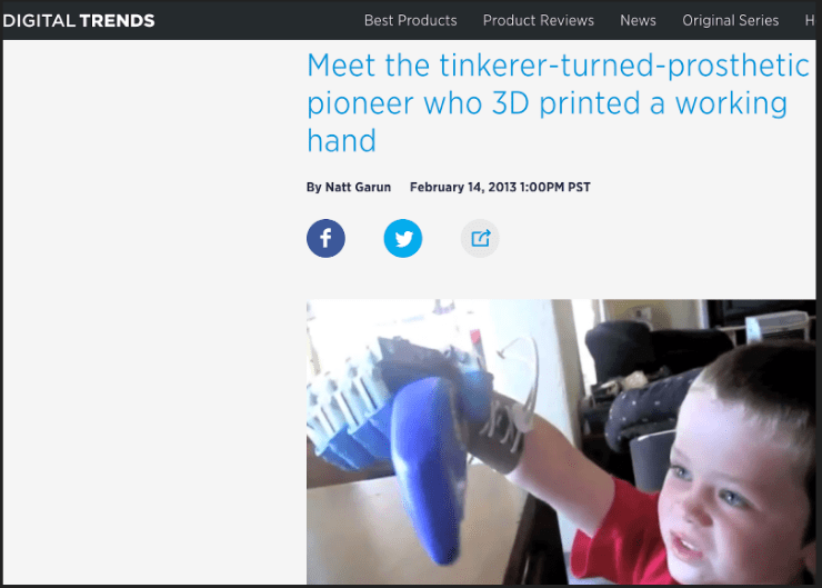 News article about 3d printed e-NABLE hands