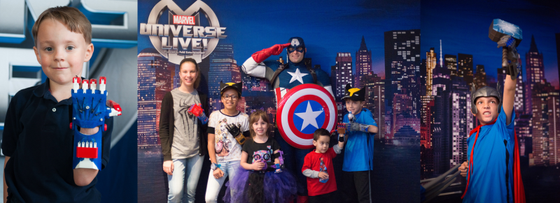 Limb different children assemble their own 3D Printed e-NABLE hands with Marvel Universe Live
